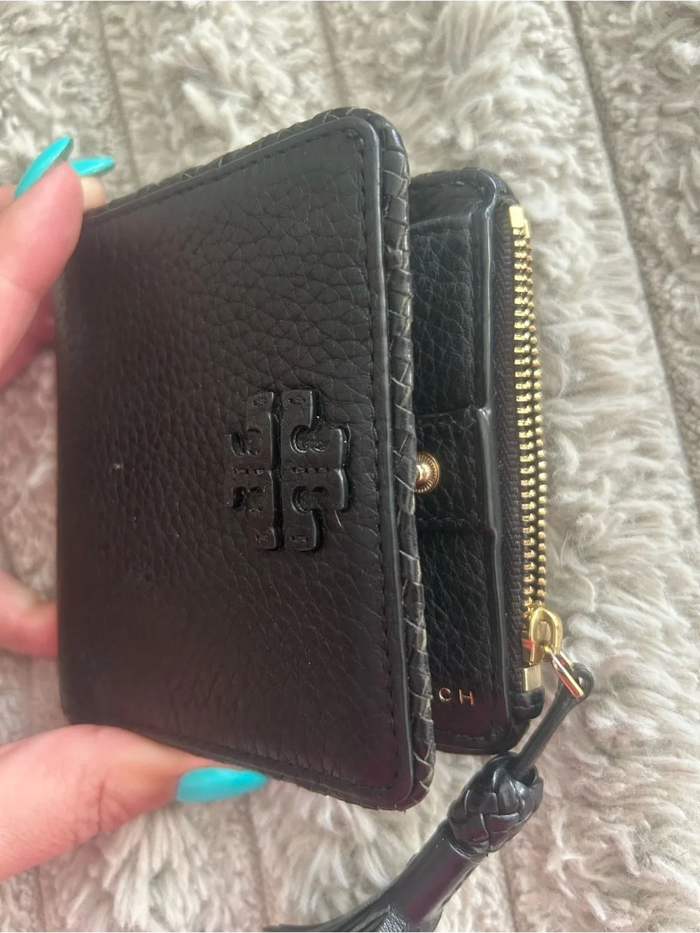 Tory Burch Black Pebbled Leather Bifold Wallet Tassel Gold Hardware